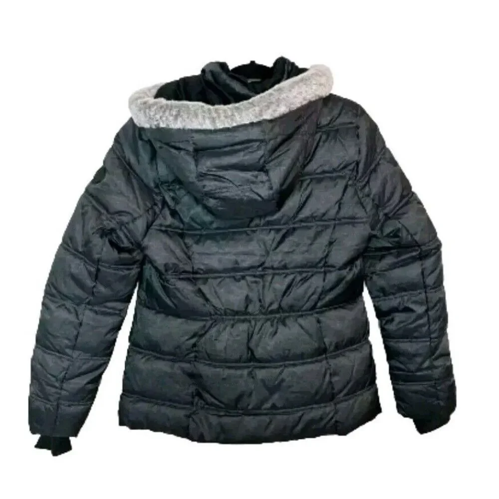 NWT SAGE Collective Youth Girls Faux Fur Hooded Puffer Jacket Coat Black Size S